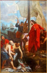 Der wunderbare Fischfang. Die Apostel bringen Christus die Früchte ihres Fangs